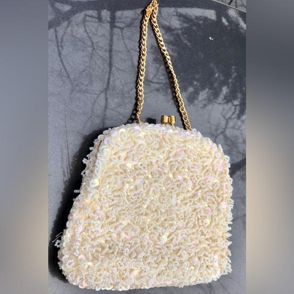 Vintage 1950s White Beaded Sequined Clutch Wristlet Handbag Coin Purse Satchel - Picture 7 of 8